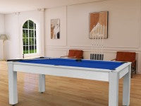 Billard Arizona 7 pieds convertible en table à manger - 8 personnes - Coloris blanc boisé tapis bleu