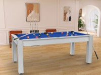 Billard Arizona 7 pieds convertible en table à manger - 8 personnes - Coloris blanc boisé tapis bleu