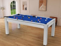 Billard Arizona 7 pieds convertible en table à manger - 8 personnes - Coloris blanc boisé tapis bleu