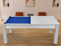 Billard Arizona 7 pieds convertible en table à manger - 8 personnes - Coloris blanc boisé tapis bleu