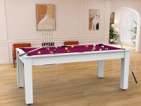 Billard Arizona 7 pieds convertible en table à manger - 8 personnes - Coloris blanc laqué tapis prune