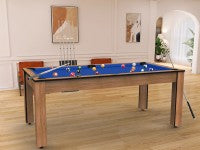 Billard Arizona 7 pieds convertible en table à manger - 8 personnes - Coloris hêtre boisé tapis bleu