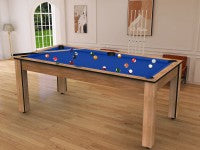 Billard Arizona 7 pieds convertible en table à manger - 8 personnes - Coloris hêtre boisé tapis bleu