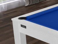 Billard Texas 6 pieds convertible en table à manger - 6 personnes - Coloris blanc boisé tapis bleu
