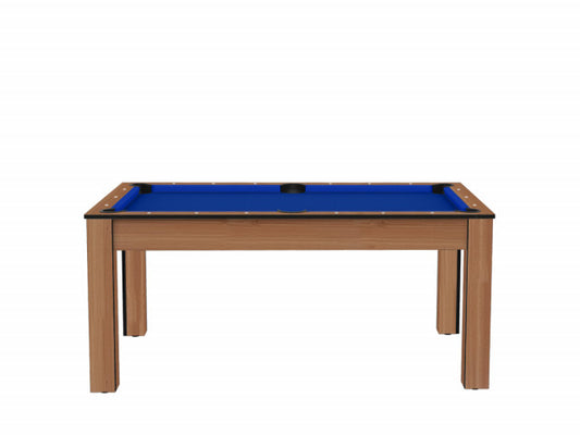 Billard Texas 6 pieds convertible en table à manger - 6 personnes - Coloris hêtre boisé tapis bleu